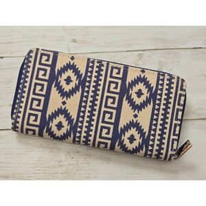 Gold Coast Tribal Print Zip Around Wallet Clutch Organizer Beige Navy
